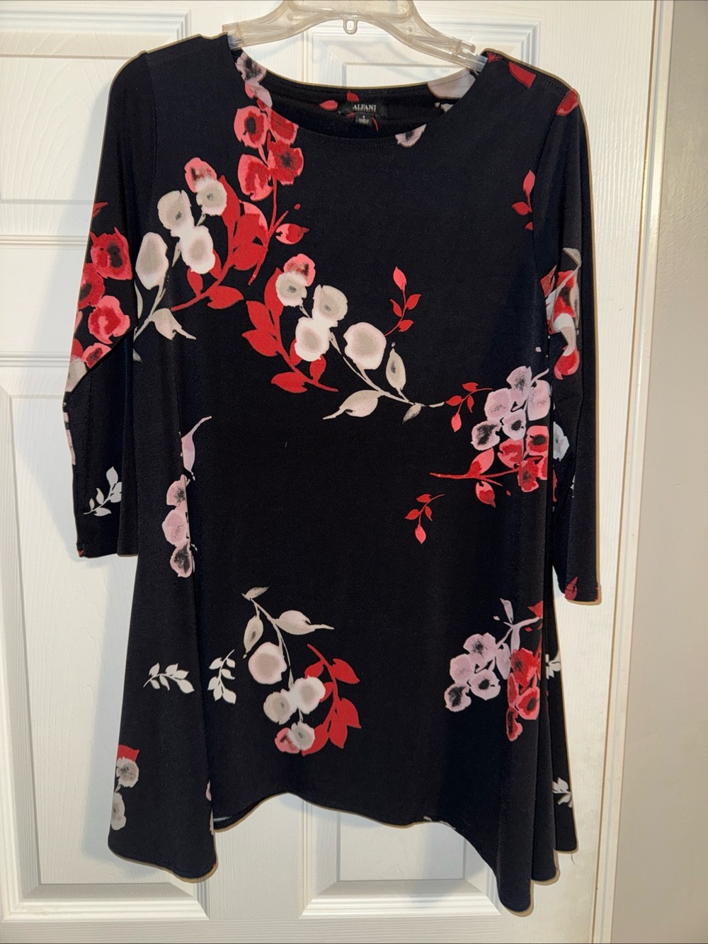 Alfani Black Floral Swing Blouse with Red and White Accents